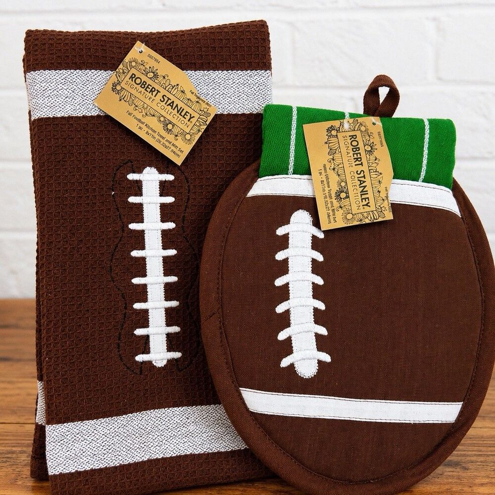 Robert Stanley Football Kitchen Towel & Oven Mitt Set Fall Hostess Gift NWT NEW